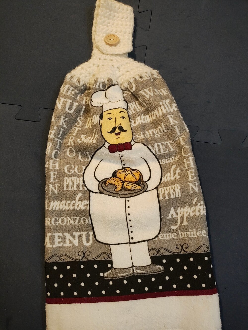 Handmade Chef Print Kitchen Towel with Crochet Top - White & Tan